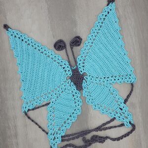 Handmade Crochet Butterfly Crop Top  – Green‎ & dark gray – Festival Fit